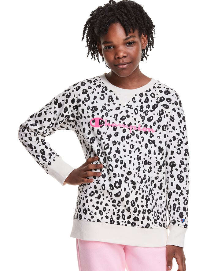 Champion Pige Sweatshirt Sort/Hvide - Fleece Raglan Leopard Print - Danmark VDE-687094